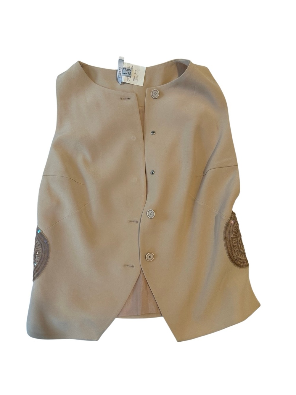 Pollini Beige Button-Front Vest with Embroidered Elbow Details